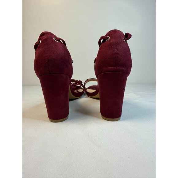 Allegra K Women's Size 9 Burgundy Open Toe Lace Up Chunky High Heel Sandals - Picture 8 of 11